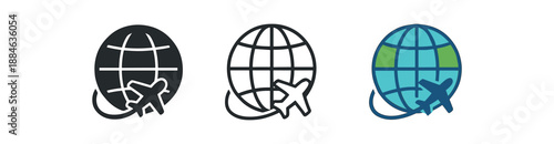 globe travel three globe with small plane blue and green