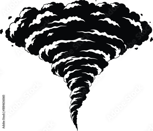 Black tornado vortex illustration with swirling storm clouds, dramatic cyclone funnel shape, high contrast weather disaster concept, isolated on white background
