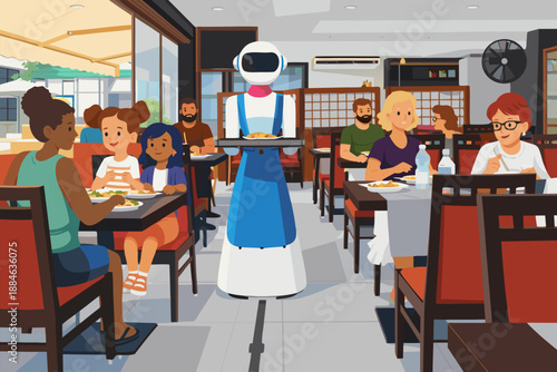 Robot waiter serves food to customers in a busy modern restaurant.