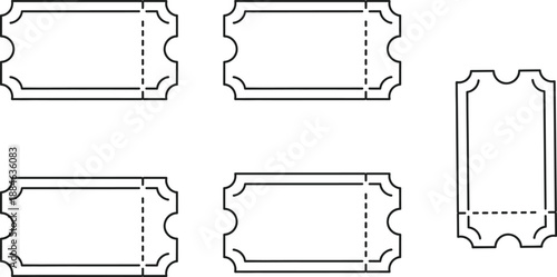 Blank ticket coupon template outline illustration set with perforated edges, vintage admission voucher shapes, black line design isolated on white background