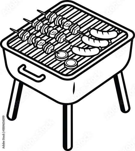 A black and white line drawing depicting a small portable barbecue grill with skewers and sausages cooking