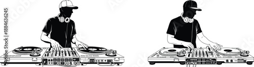 DJ silhouette illustration set mixing music on turntables, professional disc jockey performance scenes in black and white line art style