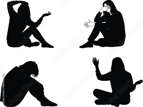 Female silhouette set expressing sadness stress anxiety and emotional gestures while sitting isolated on white background mental health concept illustration