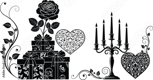 Elegant romantic silhouette composition with rose gift boxes hearts and vintage candelabra, decorative black and white ornamental illustration design