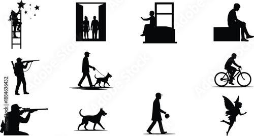 Set of human activity silhouettes showing daily life actions people and animals isolated on white background vector illustration minimal black design