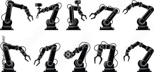 Set of industrial robotic arms silhouettes showing automation manufacturing technology isolated on white background vector illustration design collection industry factory