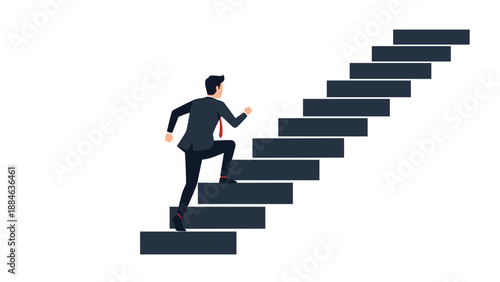 Determined businessman running up a flight of stairs, symbolizing ambition, career progression, success, and overcoming challenges.