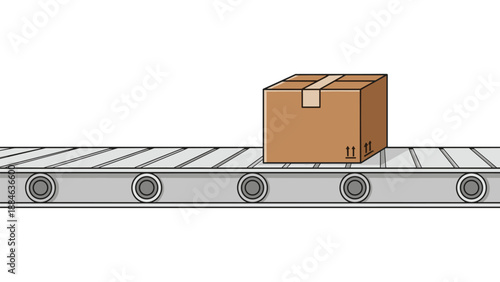 Sketched cardboard box with shipping symbols moving on a roller conveyor belt, representing automated logistics and packaging processes.