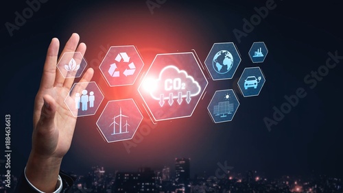 Carbon reduction at the center of sustainable strategies, including renewable energy, recycling, clean water, innovation, global responsibility, and eco-friendly industry Marrow © InfiniteFlow