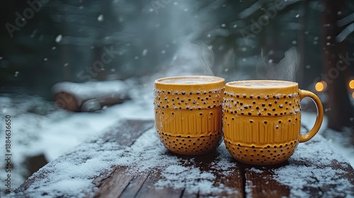 Coffee mugs clinking in celebration during a winter cabin retreat.