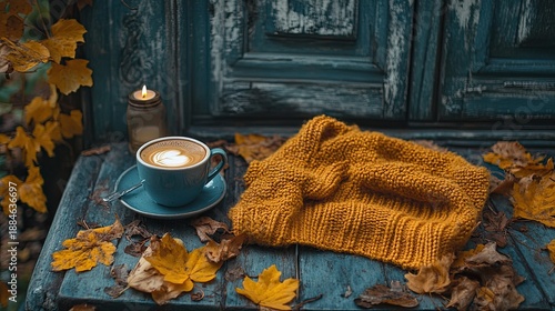 Cozy autumn still life with coffee, sweater, dried leaves, and candle.
