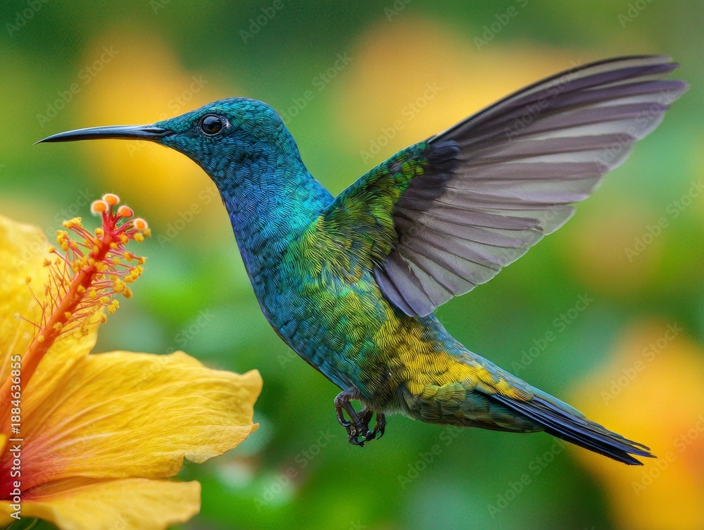Fototapeta premium Hummingbird feeding on yellow hibiscus flower nectar