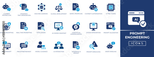 AI Prompt Engineering solid icon set for Generative AI interface, LLM optimization, prompt crafting, context control and machine learning UI.