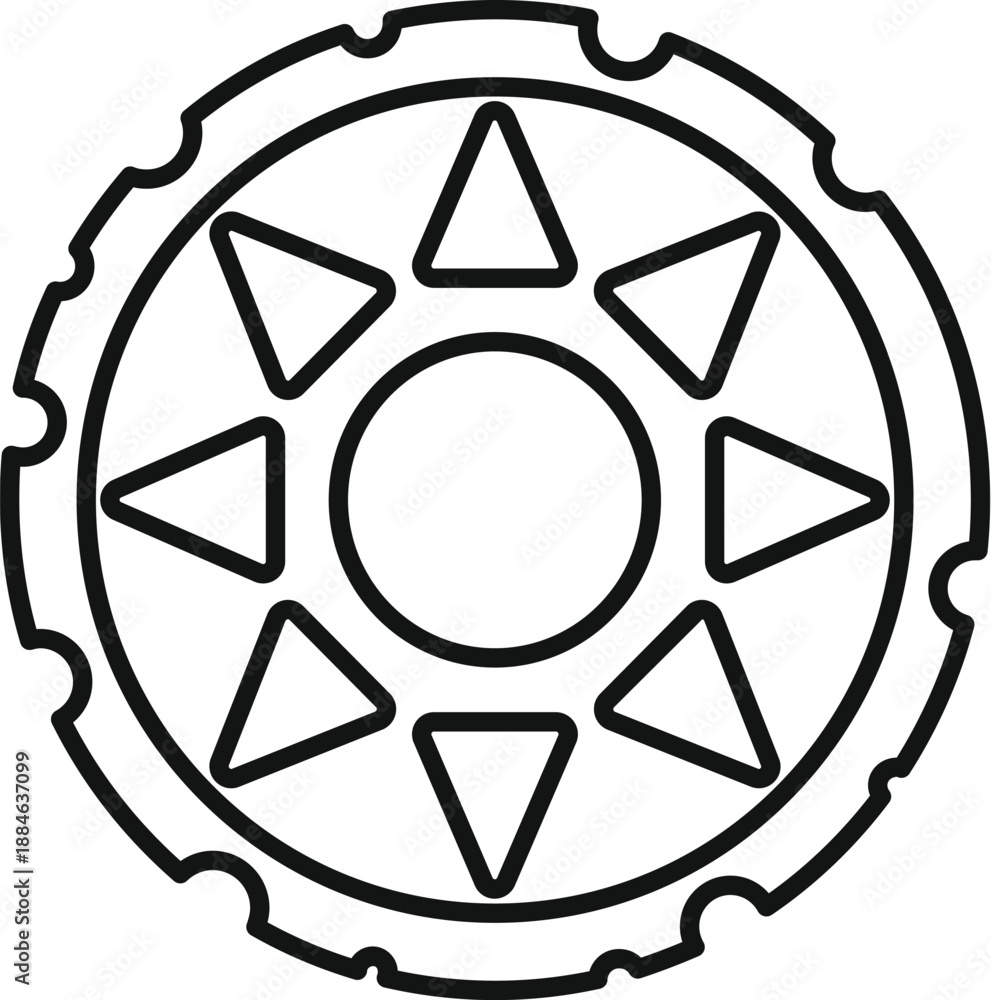 Fototapeta premium Close up of a bicycle chainring, featuring eight triangles surrounding a central hole, indicating motion and mechanical function