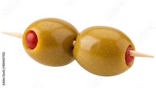 Cuadro en lienzo Two green olives stuffed with pimento on a toothpick isolated PNG, appetizer or