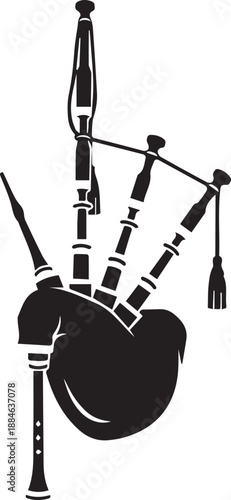 Black silhouette of traditional scottish bagpipes on a white background