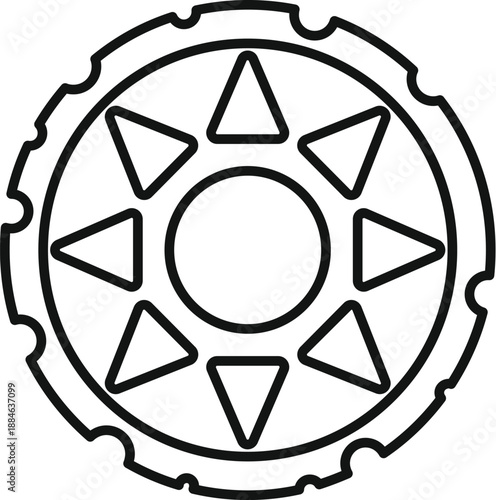 Close up of a bicycle chainring, featuring eight triangles surrounding a central hole, indicating motion and mechanical function