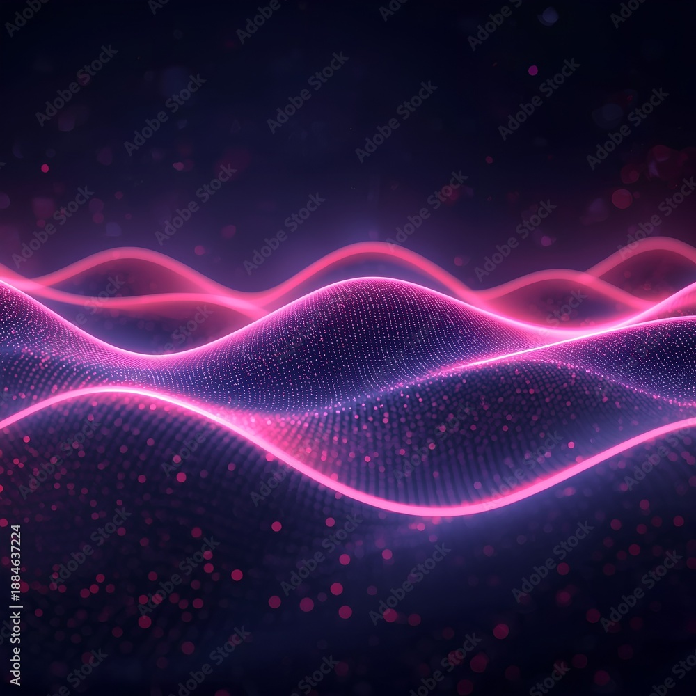 Fototapeta premium Abstract 3D Luminous Neon Pink Waves with Floating Particle Mesh on Dark Background