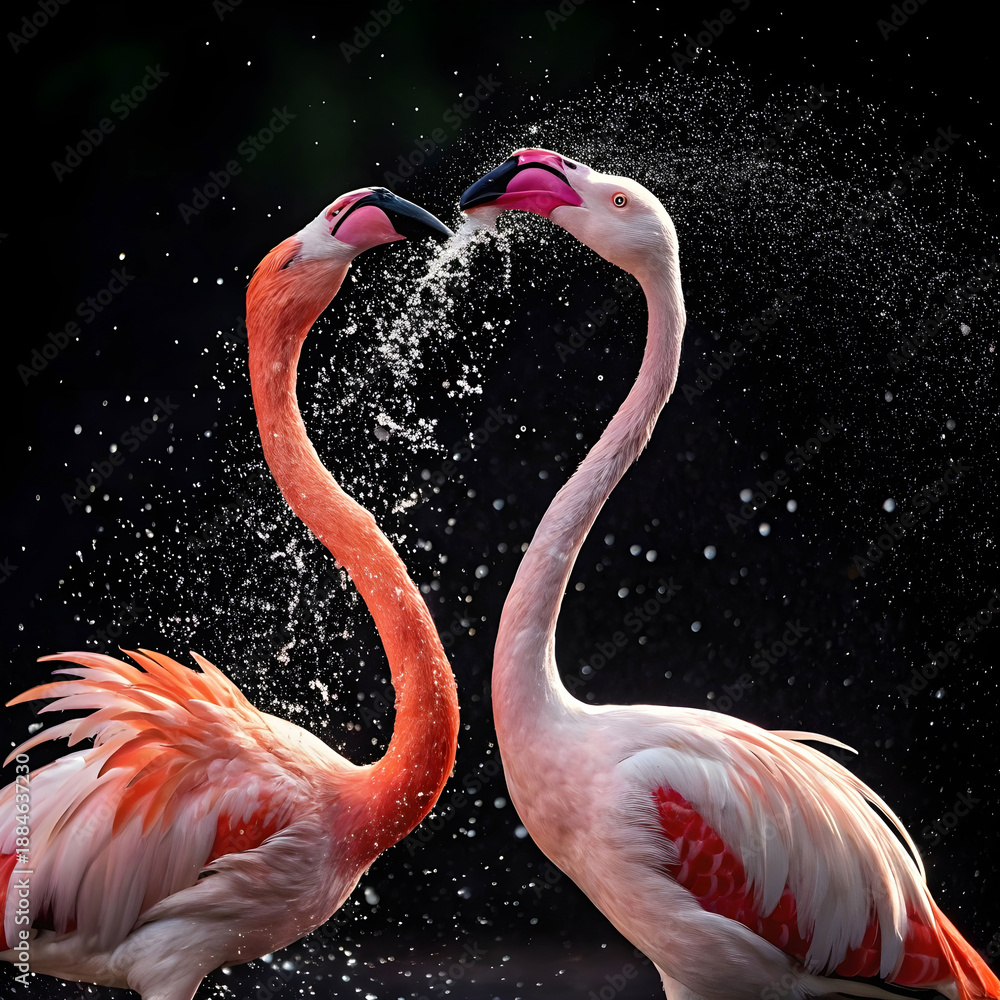 Naklejka premium Vibrant flamingos engaging in a lively interaction with each other.