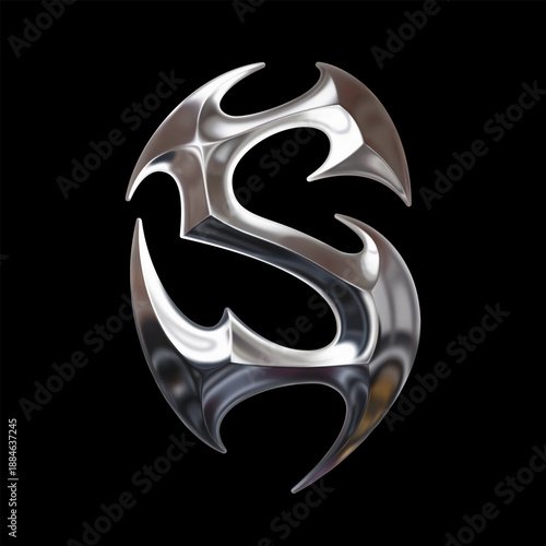 3D chrome metallic letter S with sharp tribal forms