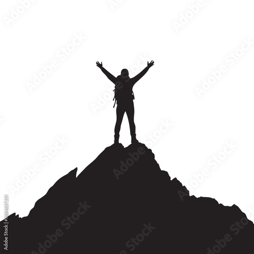 Silhouette of person with arms raised on mountain peak 1