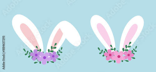 Easter bunny ears decorated with spring flowers clipart set.
Floral Easter bunny ears flat vector illustration design.