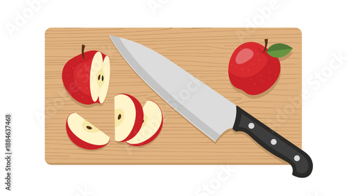 Fresh red apple, already sliced into pieces, and a knife on a wooden cutting board, illustrating food preparation and healthy snacking.