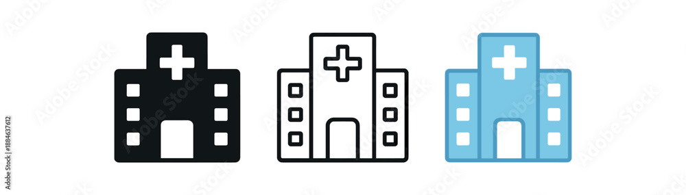 Obraz premium hospital building three hospital facade with cross white and light blue