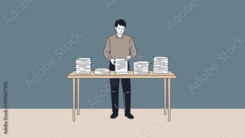 Man Organizing Stacks of Paperwork on a Desk, Business Workflow Concept