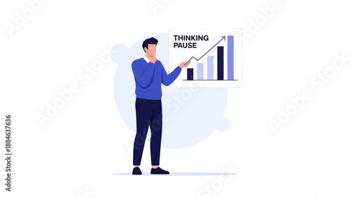 Man pausing to think by upward trending business graph illustration