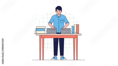 Man Overwhelmed by Stack of Paperwork on Desk