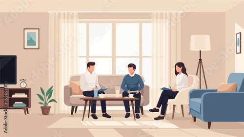 People in a living room discussing and taking notes