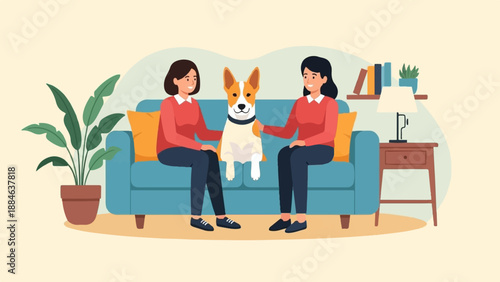 Two women and dog sit on a couch in a room