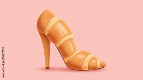 Whimsical high heel shoe creatively designed to resemble a flaky, golden croissant