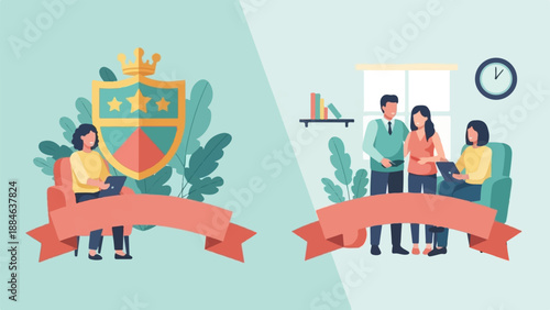 Two scenes person with shield badge, people interacting