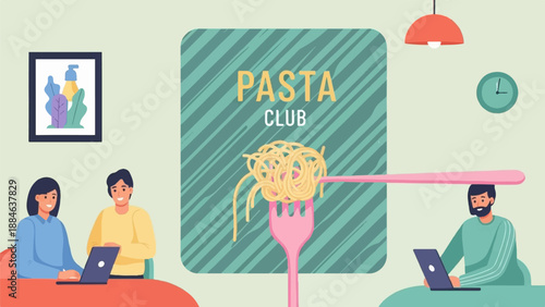 People working on laptops near a pasta club sign with a fork