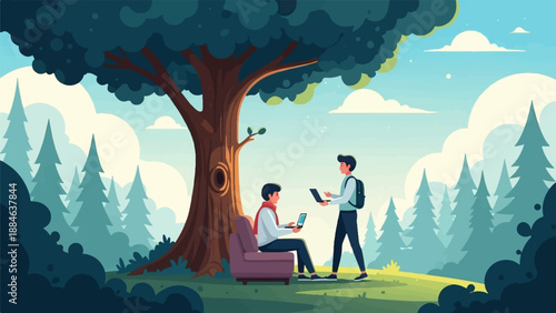Two men with laptops in a forest clearing under a large tree