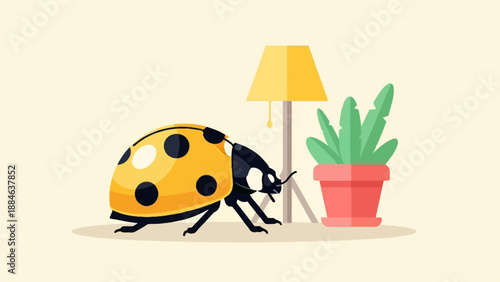 Yellow ladybug with black spots near a lamp and a potted plant