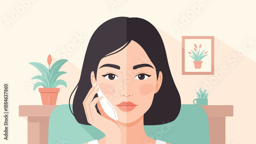 Woman applying cream to her face with plants on a table