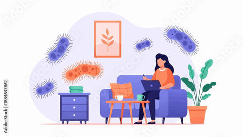 Woman working on laptop at home amidst cartoonish bacteria and indoor plants