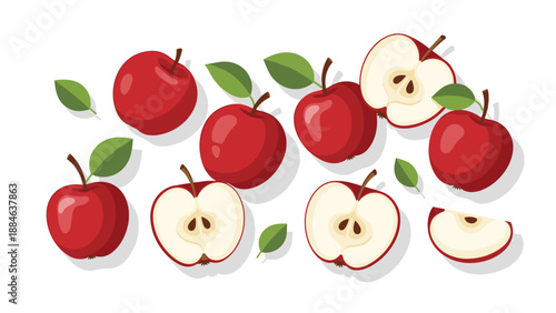 Collection of vibrant whole and sliced red apples with green leaves, scattered beautifully, representing fresh produce and healthy eating.