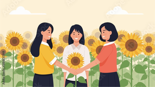 Three smiling women hold hands in a sunflower field under a cloudy sky