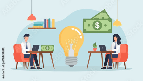 Two people working on laptops near money and a large lightbulb