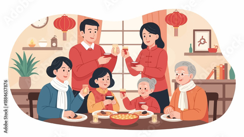 Multigenerational family toasts at a festive indoor gathering