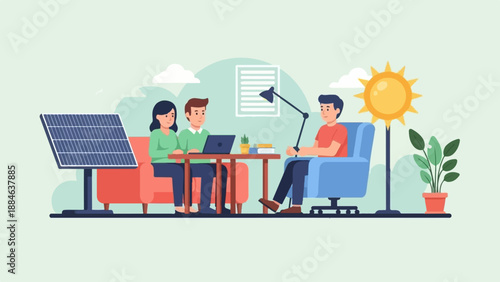 Three people discuss renewable energy with a solar panel and sun lamp