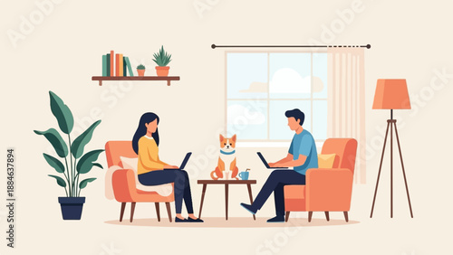 People working on laptops in living room with dog and plants