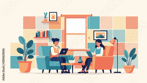 Two women in colorful room work on laptops and share ideas