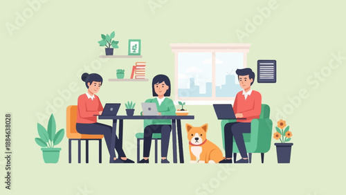 Three people and a dog working on laptops in a bright, plant-filled room