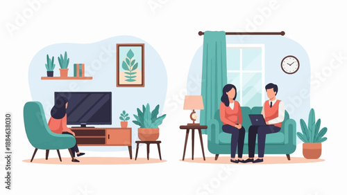Two scenes of indoor activity one person watching television, other two on sofa with laptop