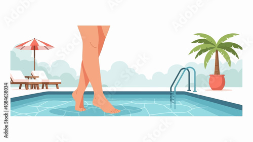 Person's legs stepping into a cool, blue swimming pool on a sunny day